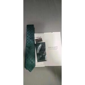 NWT Hisdern Tie 3 Piece Set Dark Green Tie Clip Pocket Square Mens